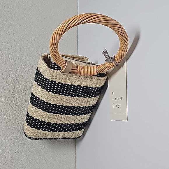 A New Day Straw Bracelet Pouch Purse Wristlet Bag Black Natural Striped Tan - Picture 6 of 13